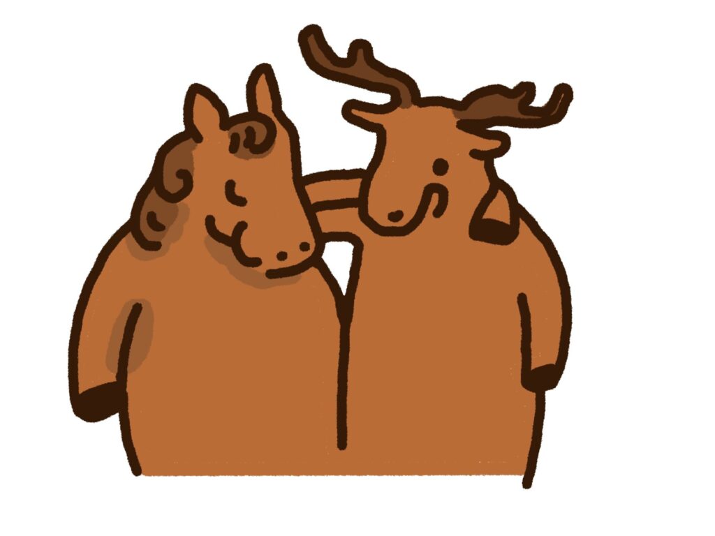 肩を組む馬と鹿