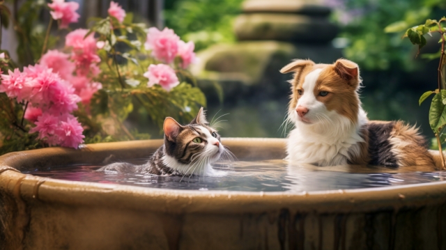 風呂に浸かる犬猫